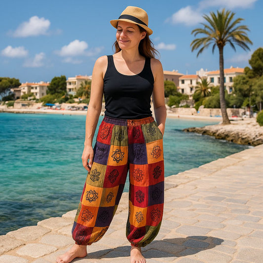 Sari Nómada - Pantalón Hongo - Diseños con Estampado en Bloque - Tonos Naranjas (105x127cm) S/M